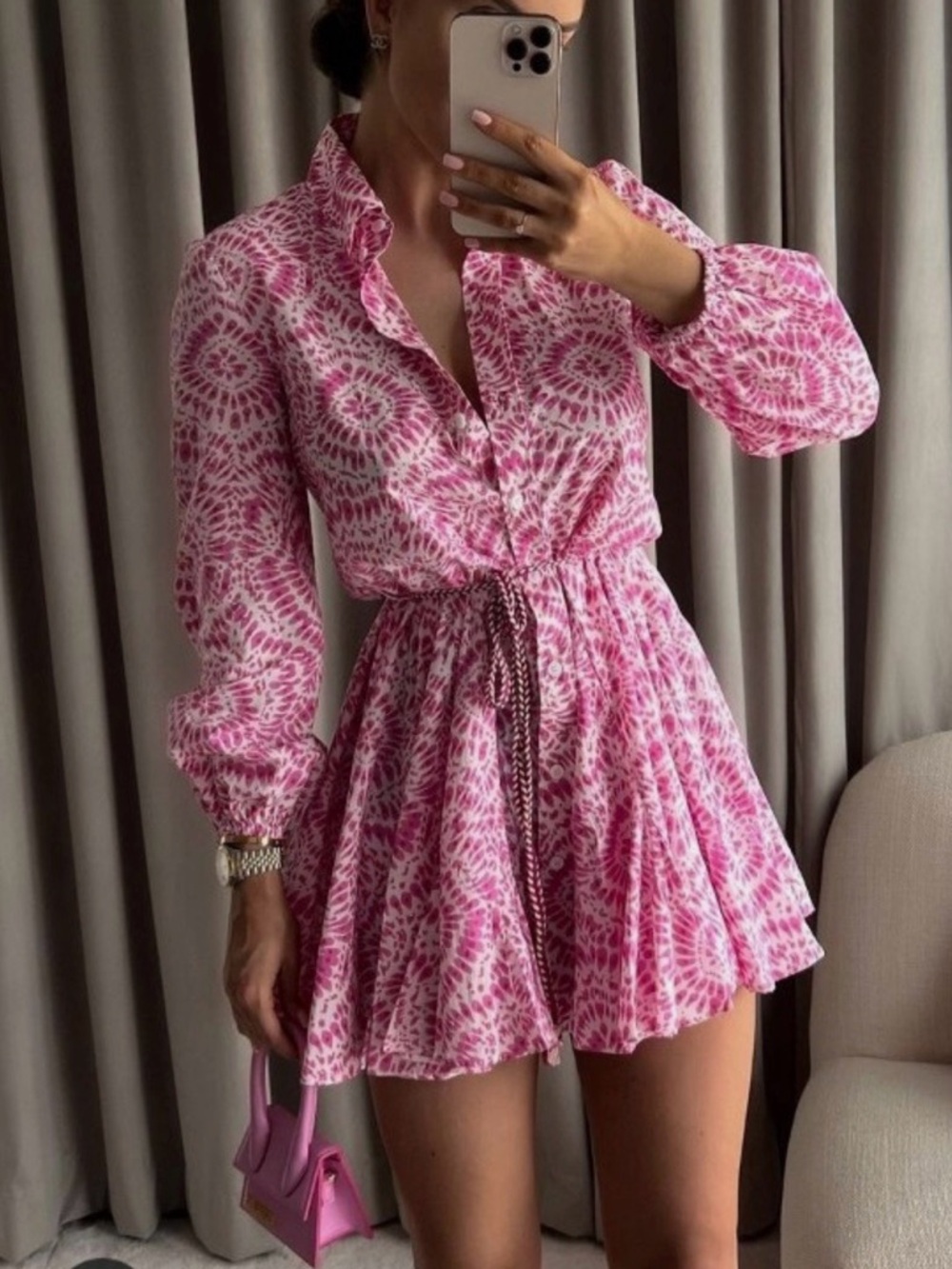 Zara Pink Tie-Dye Mini Shirt Dress with Waist Tie